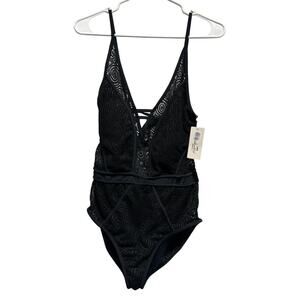 NWT Cabo Cali Black Crochet Lace One Piece Swimsuit L – Deep V & Open Back